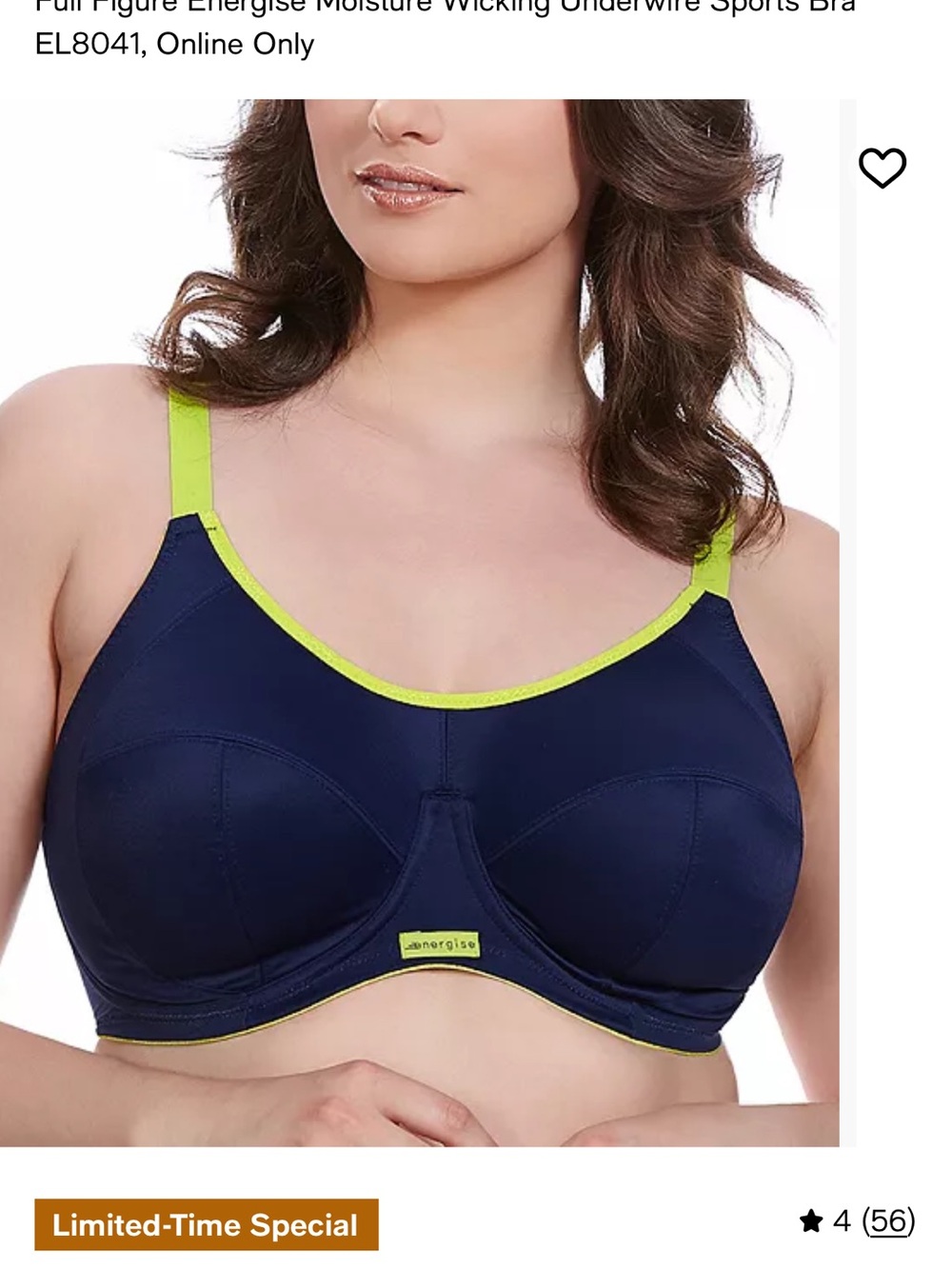 “Elomi” Energise Navy and Lime Full-Figure Moisture-Wicking Sports Bra 40G